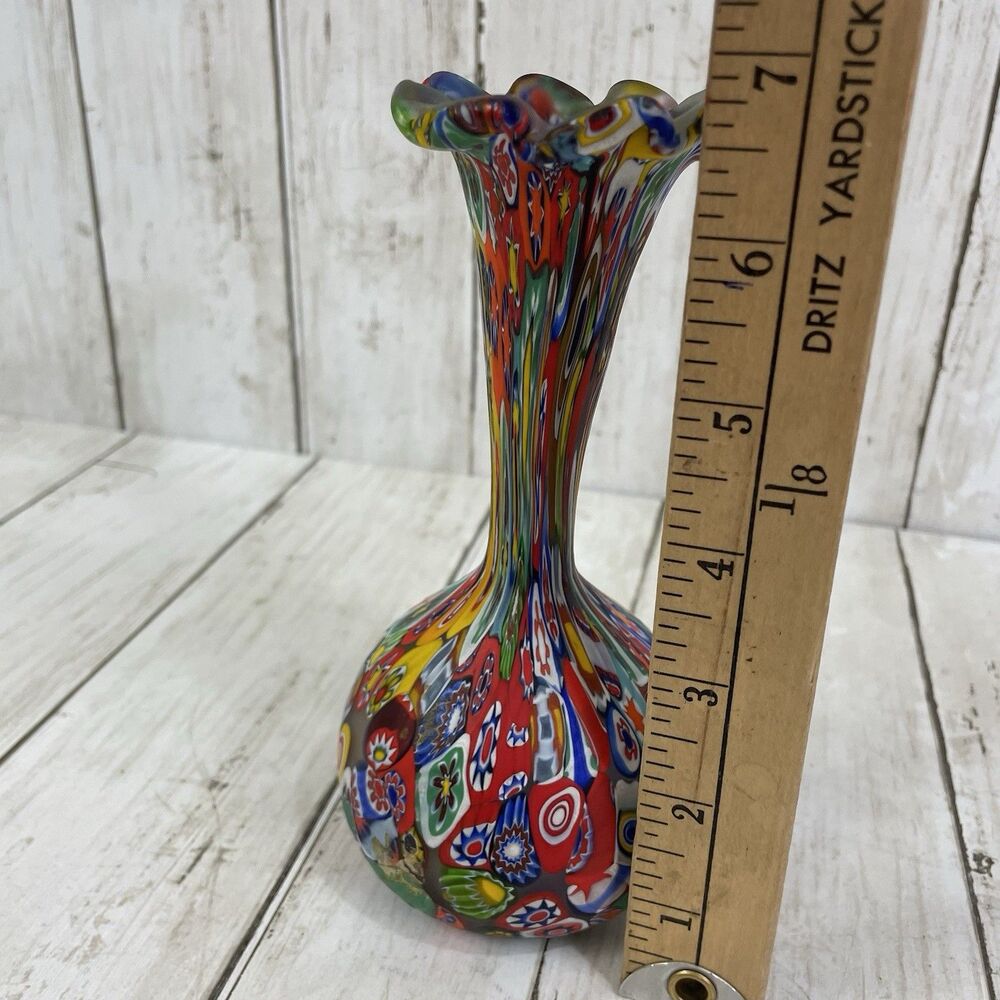 Vintage Fratelli Toso Murano Millefiori Murrine Cane Vase 6.75” - Picture 12 of 13